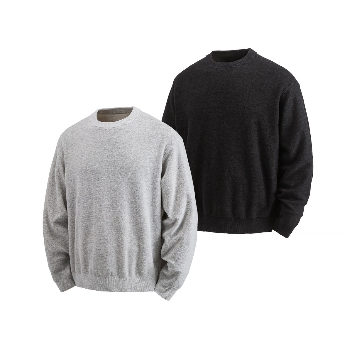 Two plain crew-neck sweaters shown from the front: light gray in front and black behind.