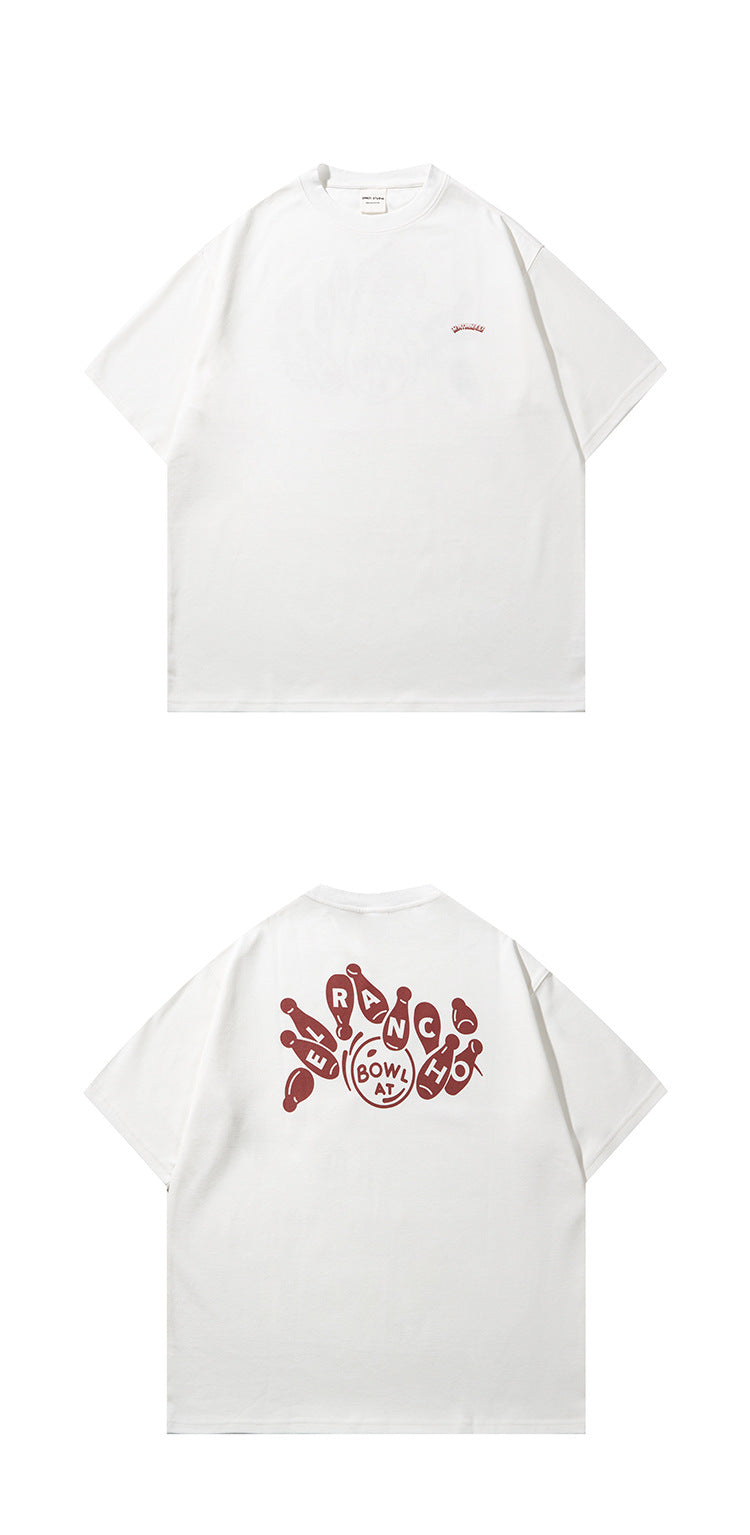 White short-sleeve T-shirt shown from the front and back; the back has a large red bowling-pin graphic.