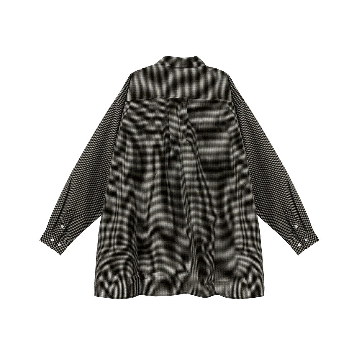 Back view of a long-sleeved black and beige micro-check shirt with a center pleat.