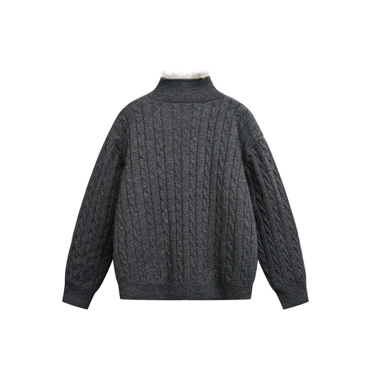 Back view of a dark gray cable-knit cardigan with long sleeves, ribbed trim, and a high collar.