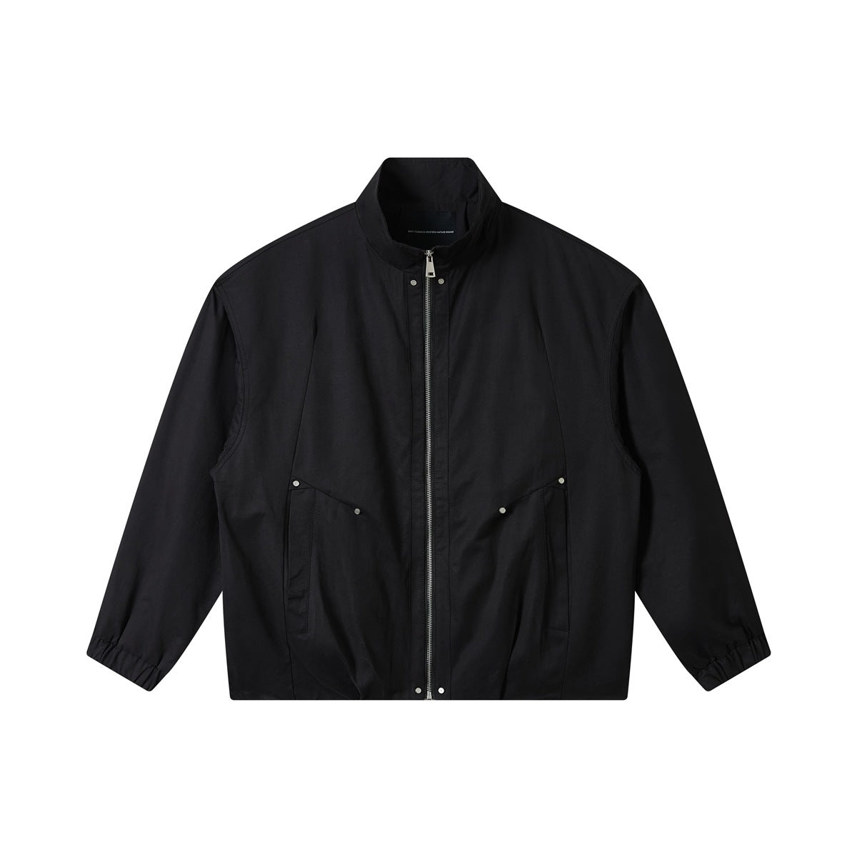 Black stand-collar zip jacket, flat front view, with stud-accented front pockets and elastic cuffs