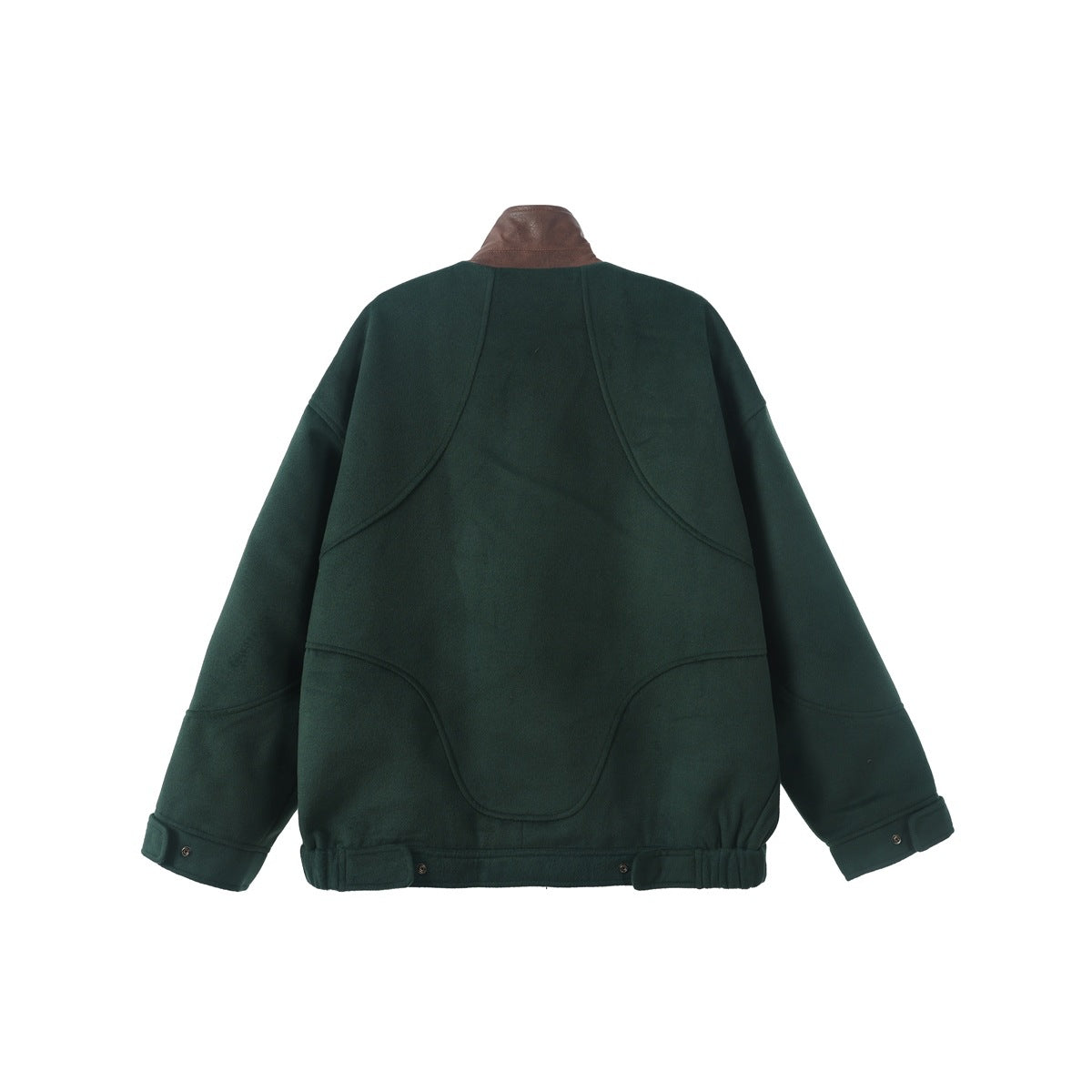 Back view of a dark green jacket with a brown collar, curved seam panels, and snap-tab cuffs.