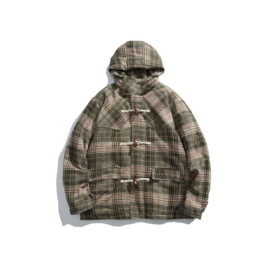 Green plaid hooded jacket with three toggle closures and flap pockets, flat lay front view