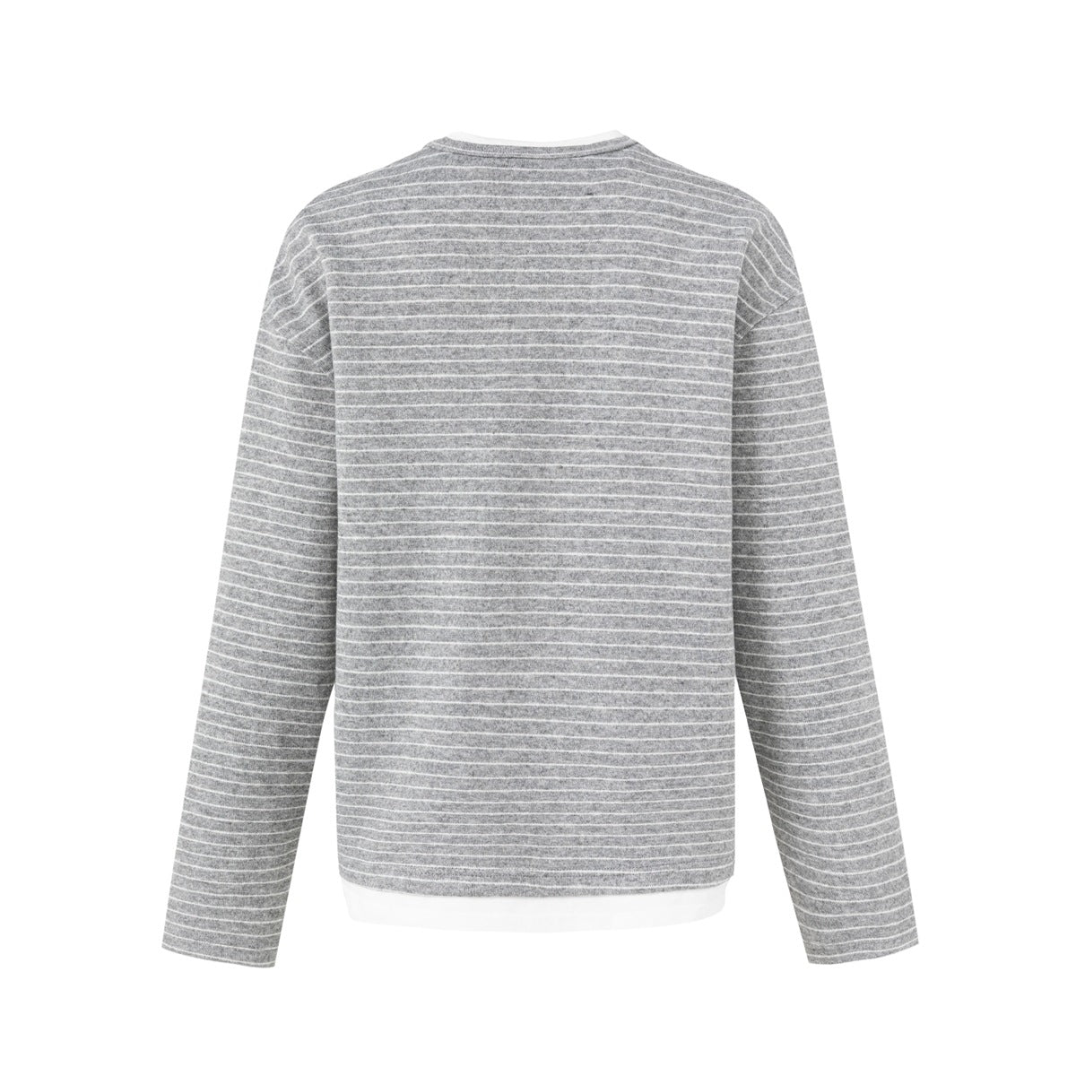 Back view of a gray-and-white striped long-sleeve top with a white neckline and hem layer.