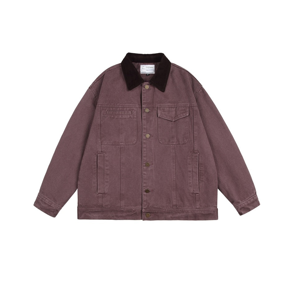 Coffee brown-mauve button-front work jacket with dark brown collar and chest and side pockets, flat lay