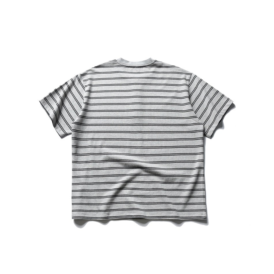 Back view of a gray short-sleeve shirt with thin black horizontal stripes, laid flat.
