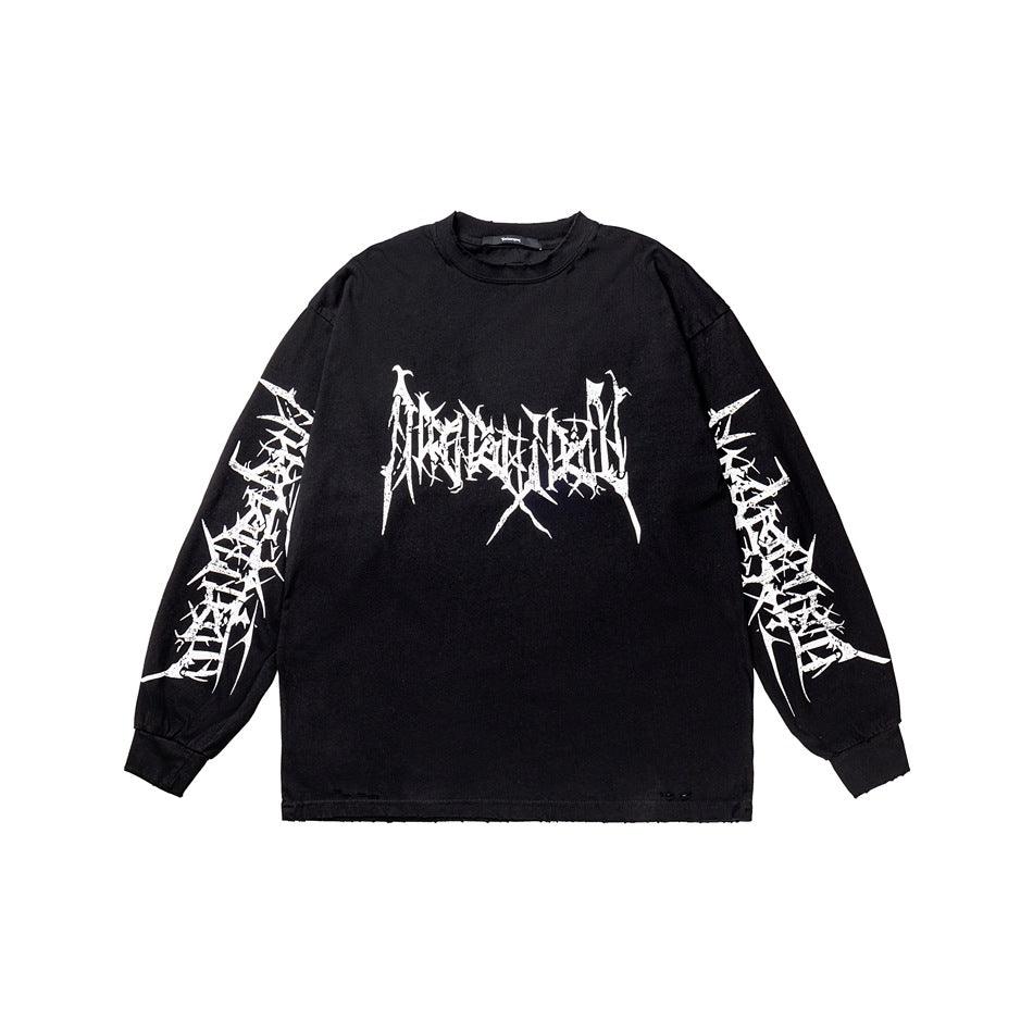 Black long-sleeve crew neck top with white thorn-style gothic graphic on chest and sleeves, distressed hem, flat lay