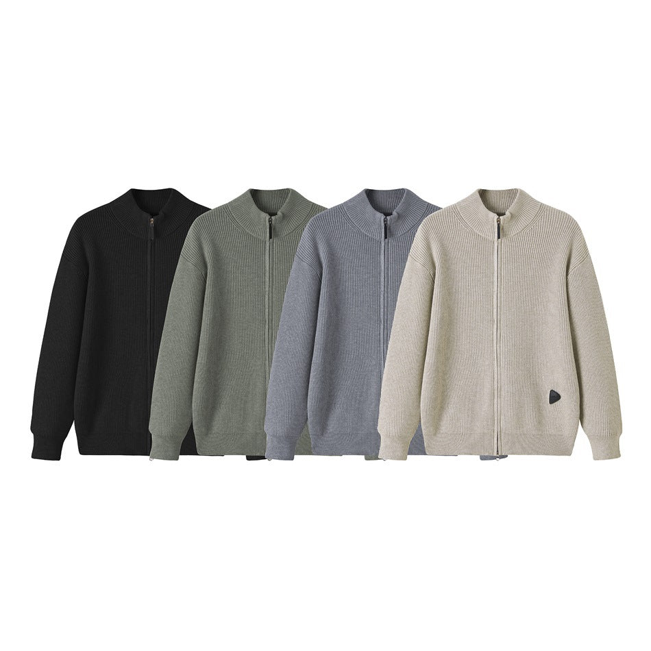 Front views of rib-knit zip cardigans in black, sage, slate gray, and cream.