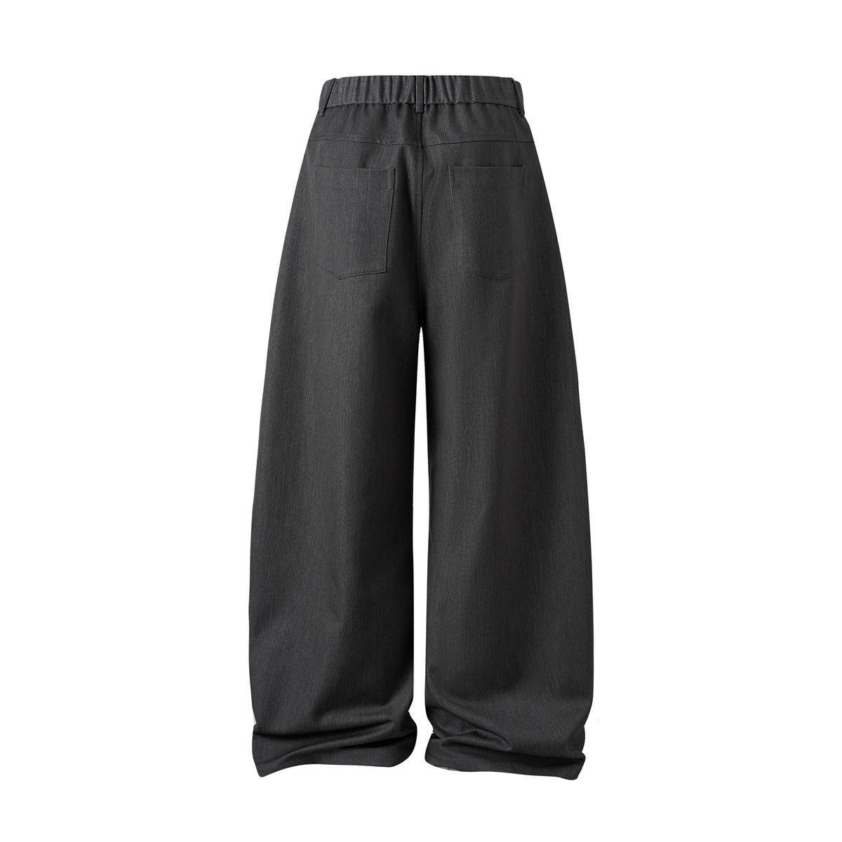 Back view of charcoal gray wide-leg trousers with an elasticated waistband and two patch pockets.