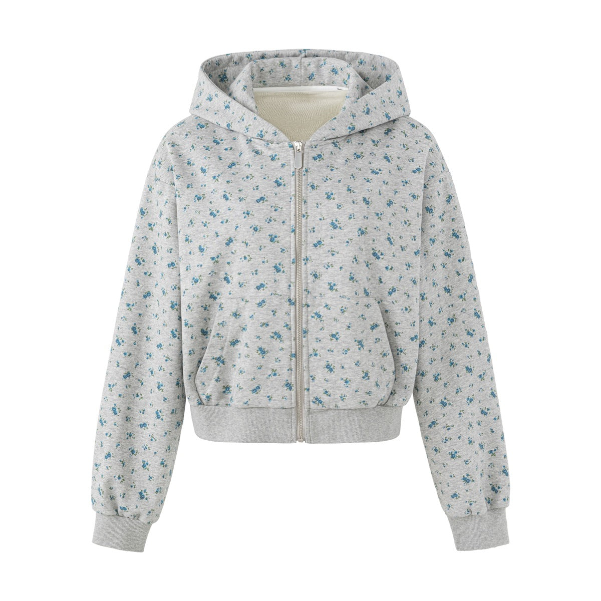 Gray zip-up hoodie with all-over small blue floral print, ribbed cuffs and hem, front pocket, flat lay front view