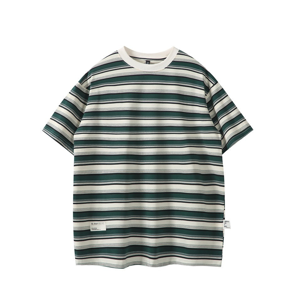 Green and cream striped short-sleeve crew-neck T-shirt with cream collar, flat front view