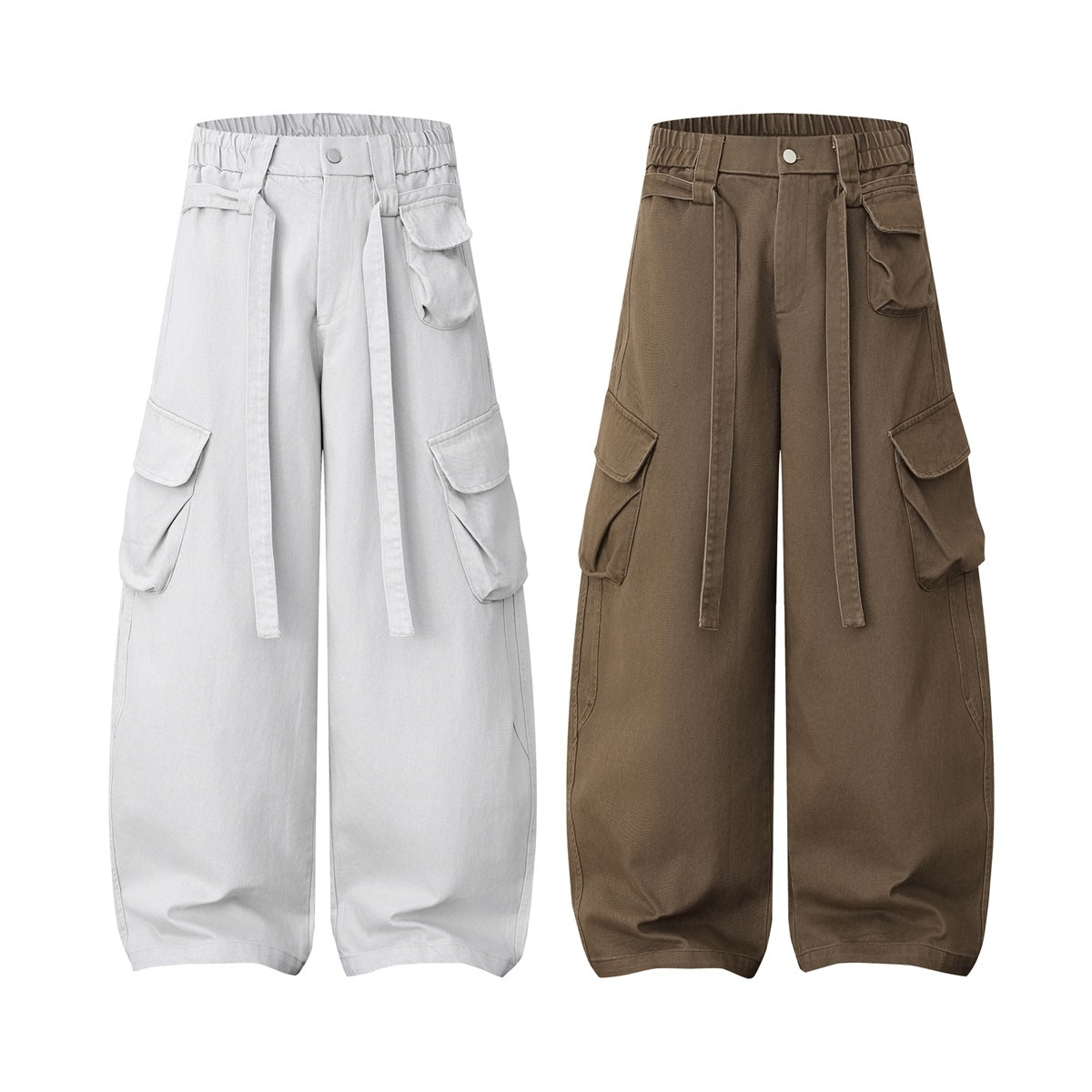 Front view of wide-leg cargo trousers in light gray and brown, with elastic waistbands, long ties, and flap pockets.
