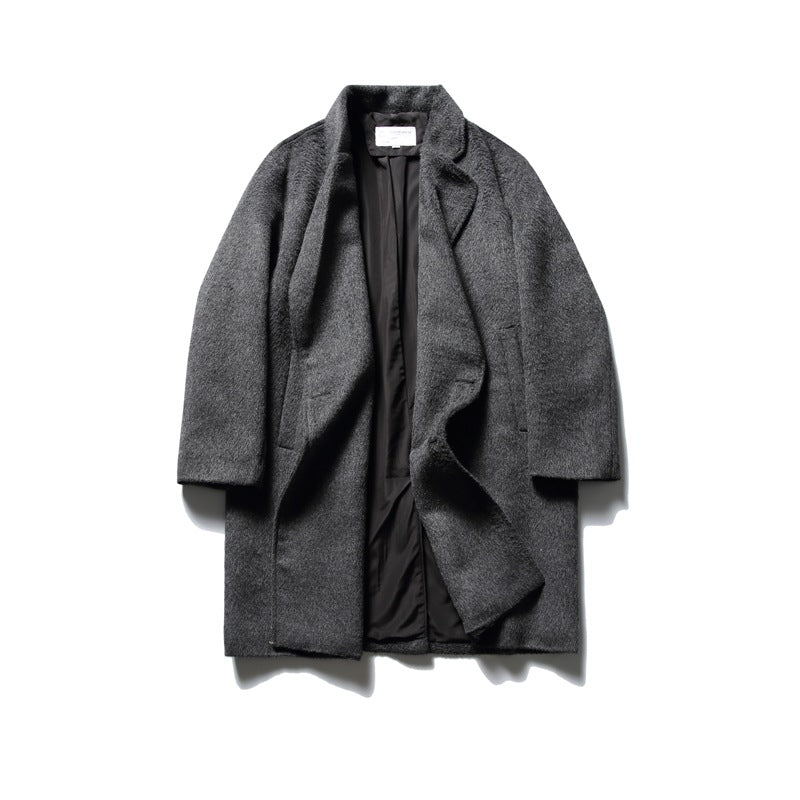 Full front view of an open, dark charcoal gray textured coat with wide lapels and dark lining.
