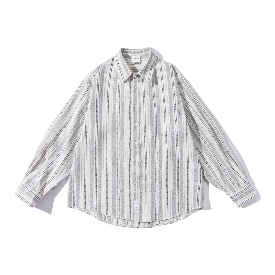 White and gray vertical-striped long-sleeve button-up shirt with chest pocket, laid flat, front view