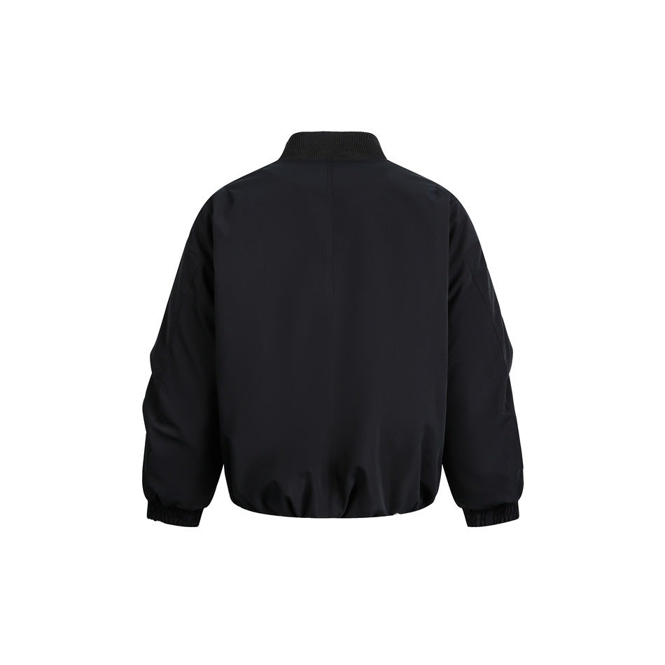 Back view of a black bomber jacket with a ribbed collar, long sleeves and elastic cuffs and hem on a white background.
