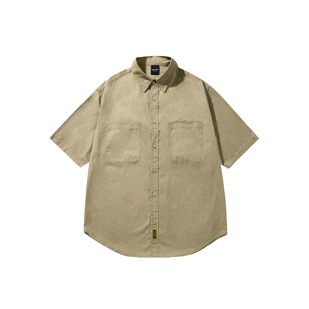 Khaki short-sleeve button-front shirt with two chest patch pockets and curved hem, flat front view