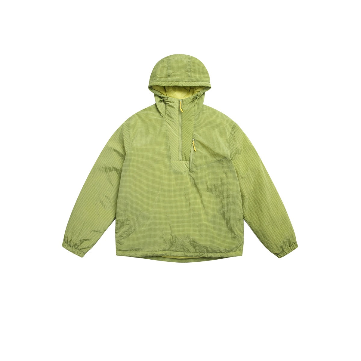 Green hooded half-zip jacket flat lay with grid texture, chest zip pocket and elastic cuffs