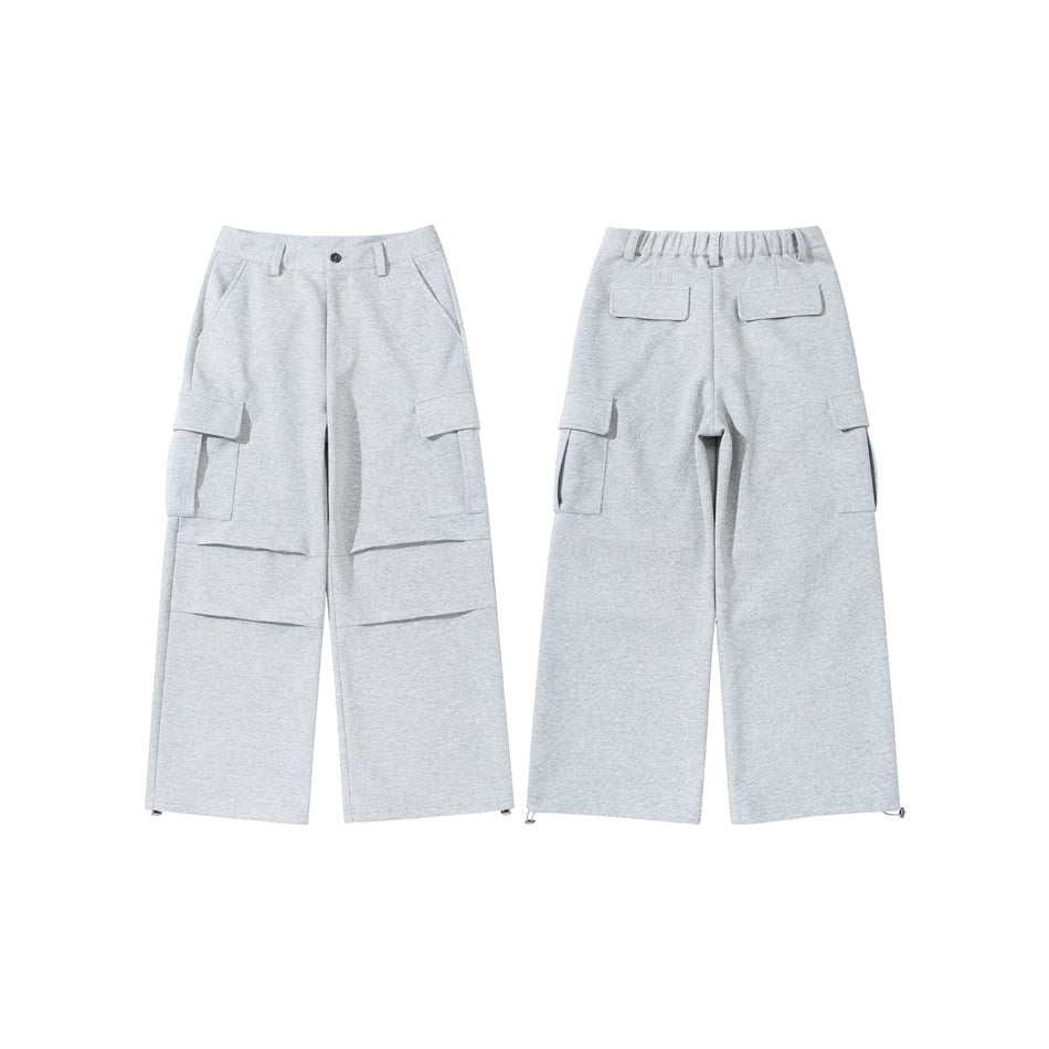 Light gray wide-leg cargo pants shown from the front and back, with flap pockets and adjustable hems.