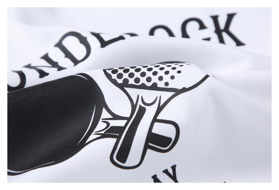 Close-up of a black table tennis paddle print on white fabric, with part of the lettering visible.