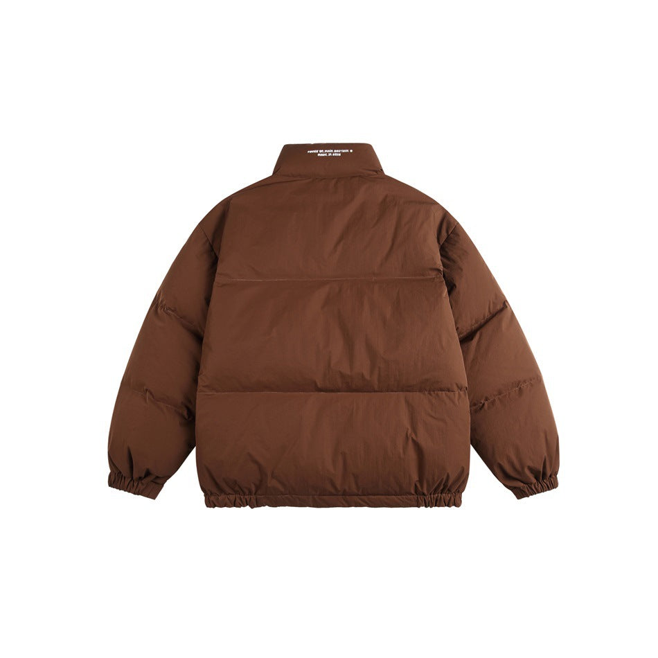 Back view of a brown padded jacket with horizontal quilting, a high collar, and elasticated cuffs and hem.