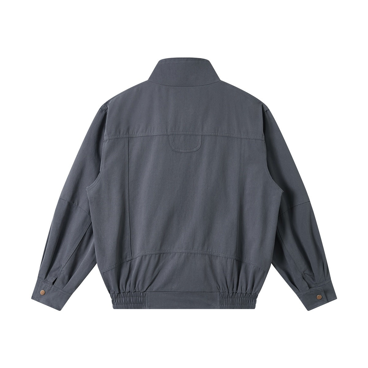 Back view of a slate gray jacket with a stand collar, long sleeves, snap cuffs and gathered waistband.