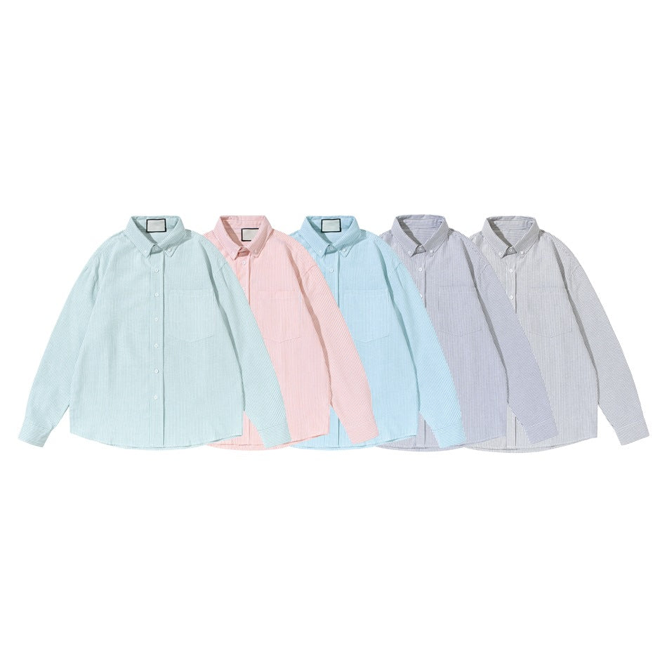 Five long-sleeve button-down shirts in pale mint, pink, blue, and two gray colorways, arranged together.