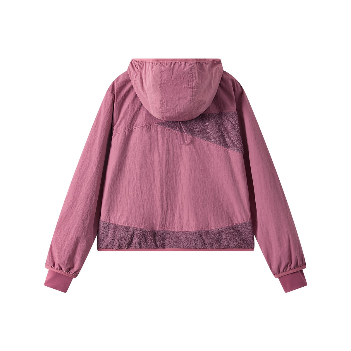 Back view of a mauve pink hooded jacket with fuzzy panels across the upper back and hem.