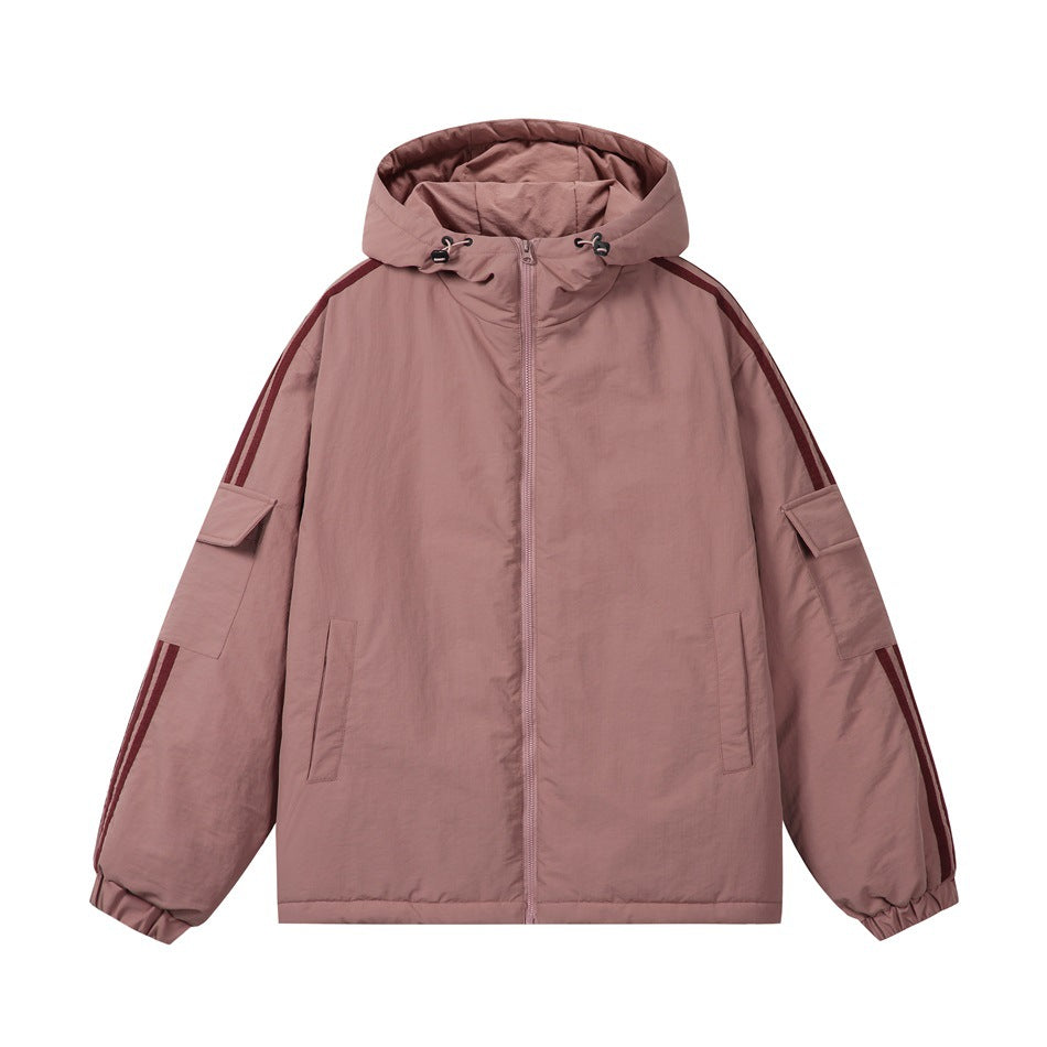 Dusty rose hooded padded zip jacket with burgundy sleeve stripes and sleeve flap pockets, front view