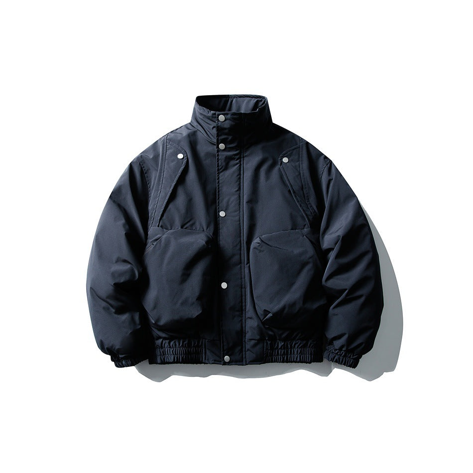 Navy blue stand-collar padded bomber jacket with snap front, large front pockets and elastic cuffs, front view