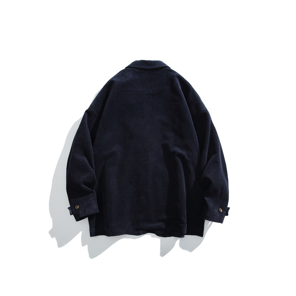 Dark navy jacket laid flat, back view, with a collar and buttoned cuffs.