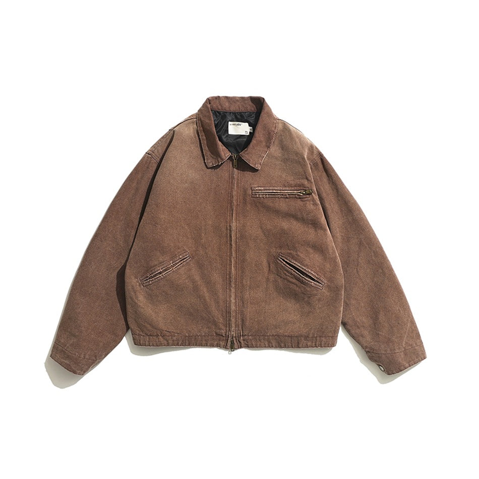 Reddish-brown washed zip-front jacket with collar, chest zip pocket and slanted front pockets, flat lay