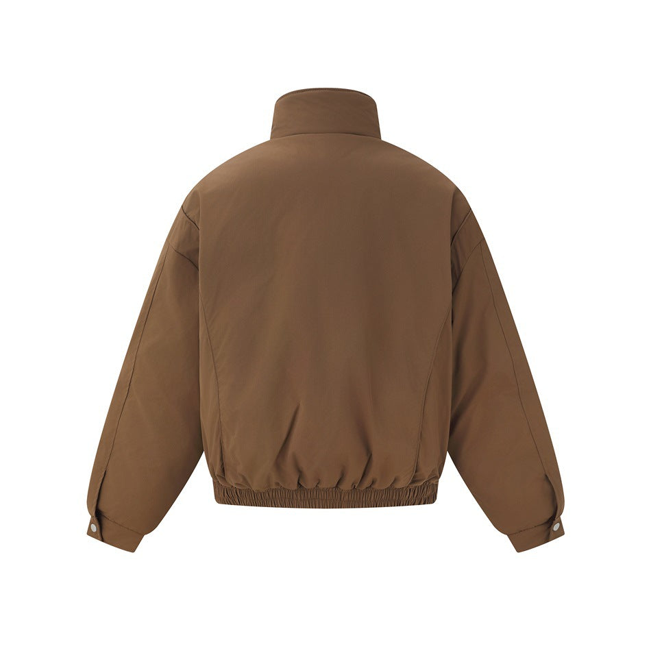 Back view of a brown jacket with a high collar, long sleeves, and an elasticized hem.