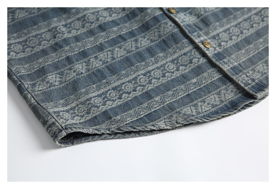 Blue patterned denim garment hem and button placket, with repeating geometric and floral bands.