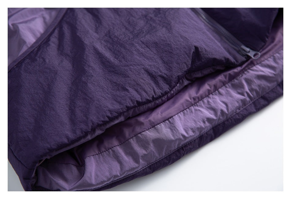 Close-up of the purple jacket’s zipper, seams and layered hem.