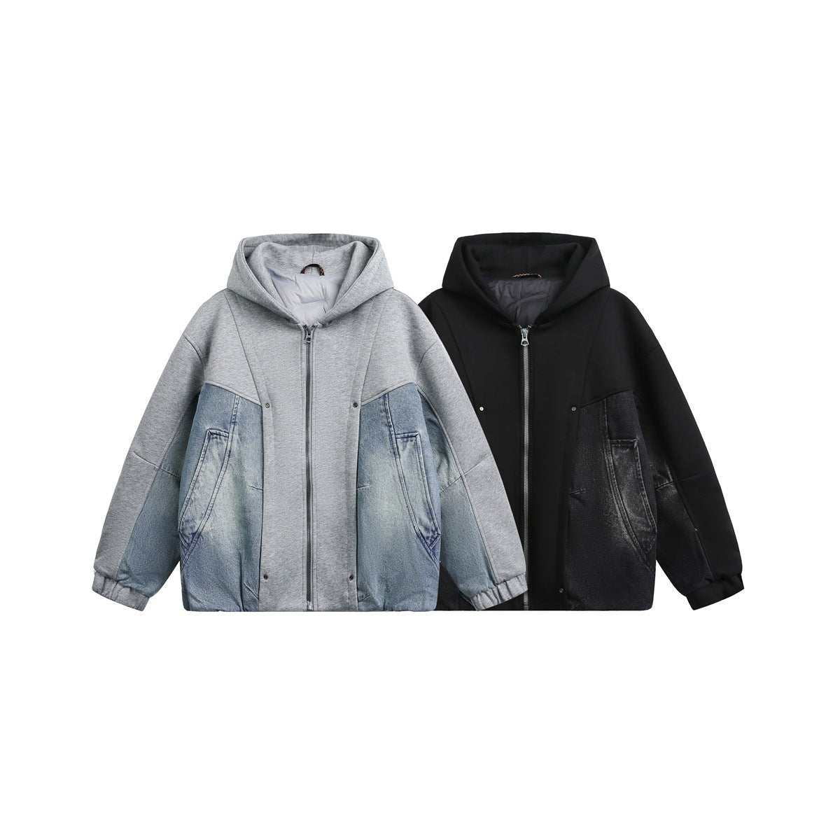 Two hooded zip jackets shown side by side: gray with blue denim panels and black with dark denim panels.