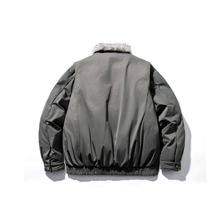 Dark gray padded jacket back view with fur-textured collar, ribbed hem and snap-tab cuffs