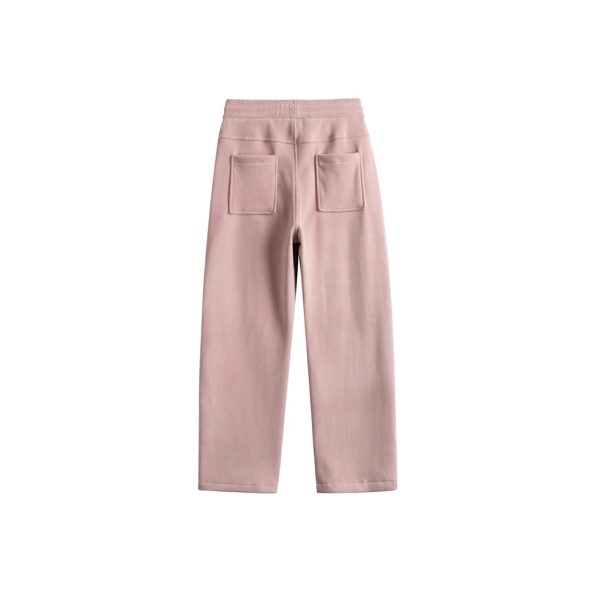 Back view of pale pink straight-leg pants with an elastic waistband and two square patch pockets.