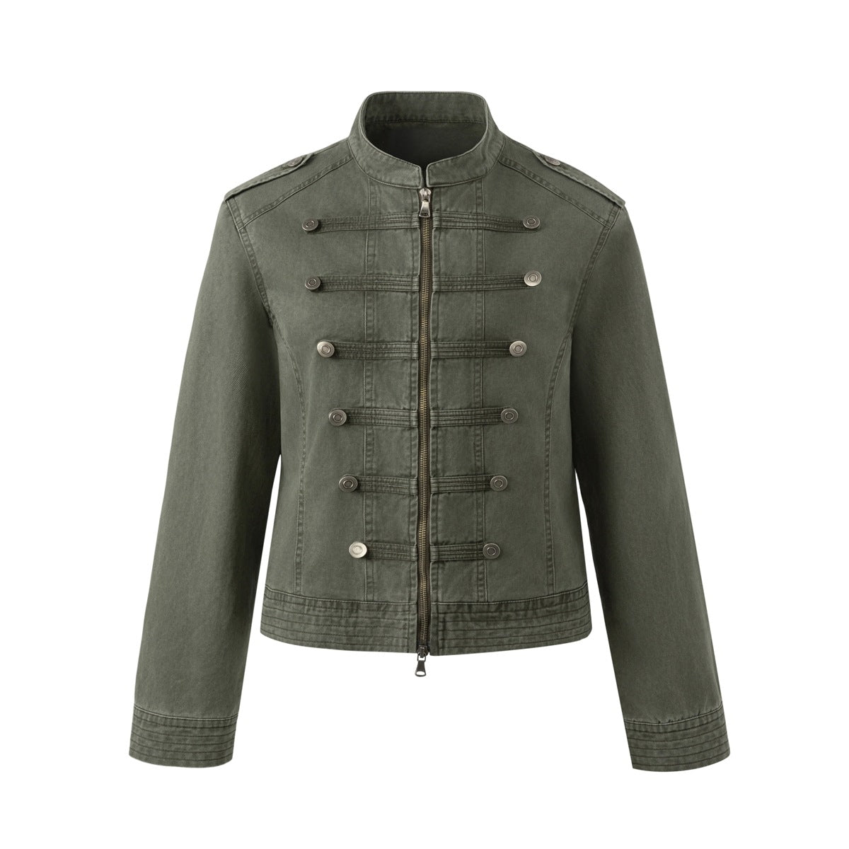 Army green washed stand-collar zip jacket with braided bars, metal buttons and shoulder epaulettes, flat front view