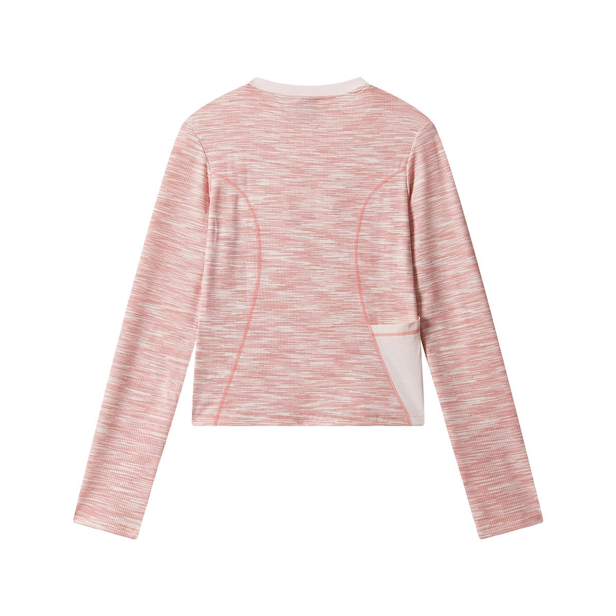 Back view of a pink-and-white patterned long-sleeve top with pale pink trim, curved seams, and a pale side pocket.