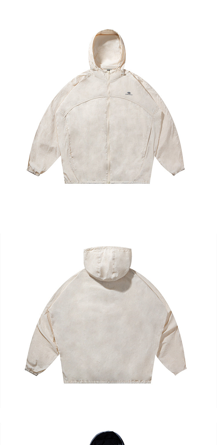 Cream hooded zip jacket shown from the front and back against a white background.