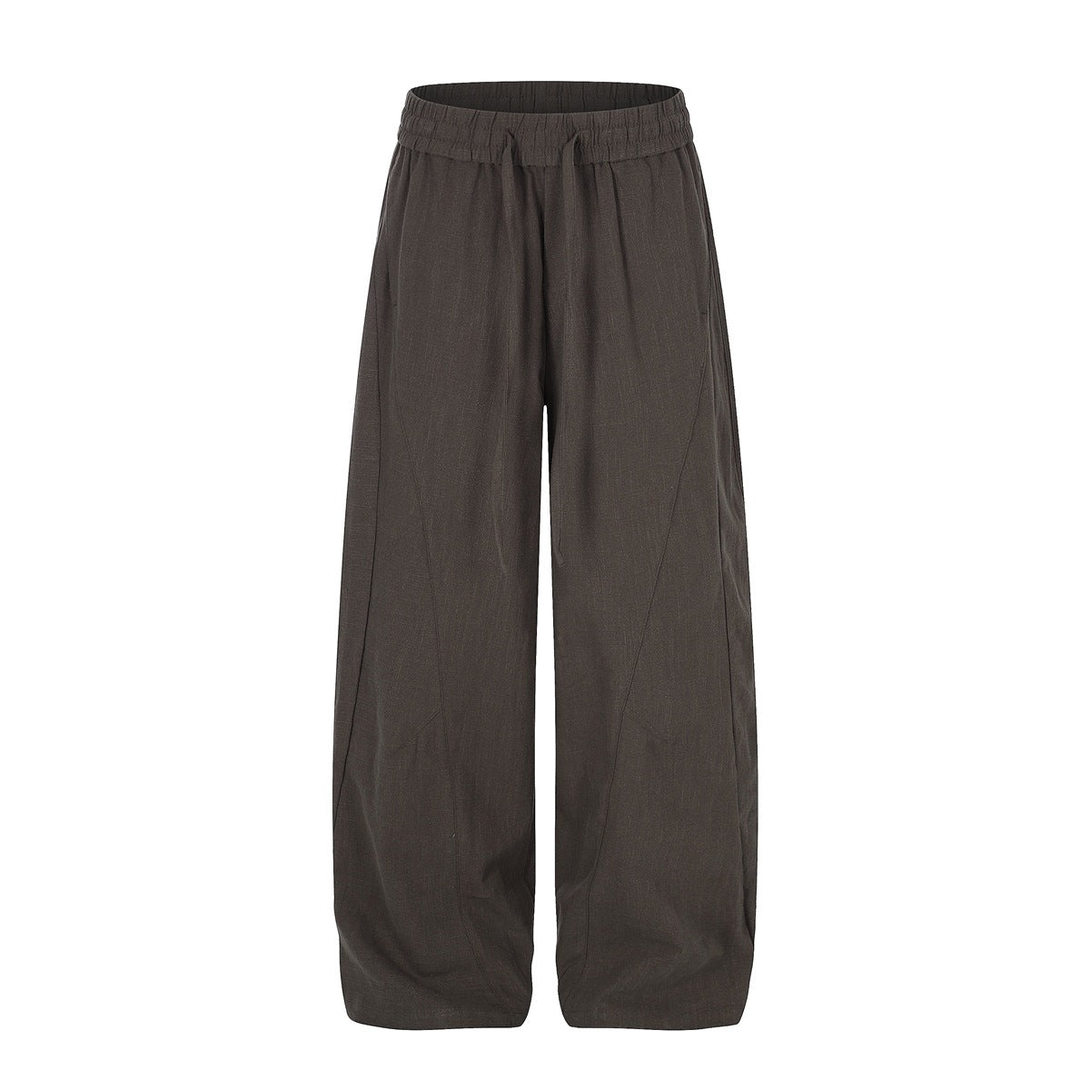 Coffee brown wide-leg drawstring pants with elastic waist and curved leg seams, flat front view
