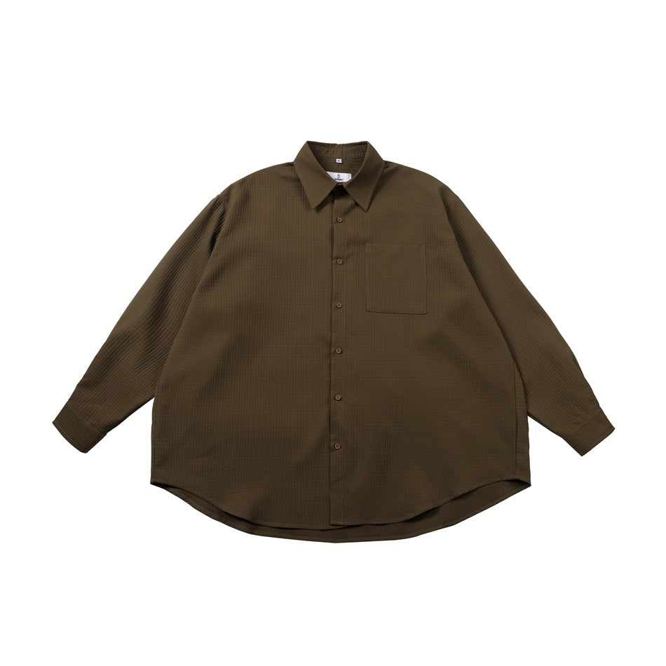 Brown textured long-sleeve button-up shirt with chest pocket, flat front view