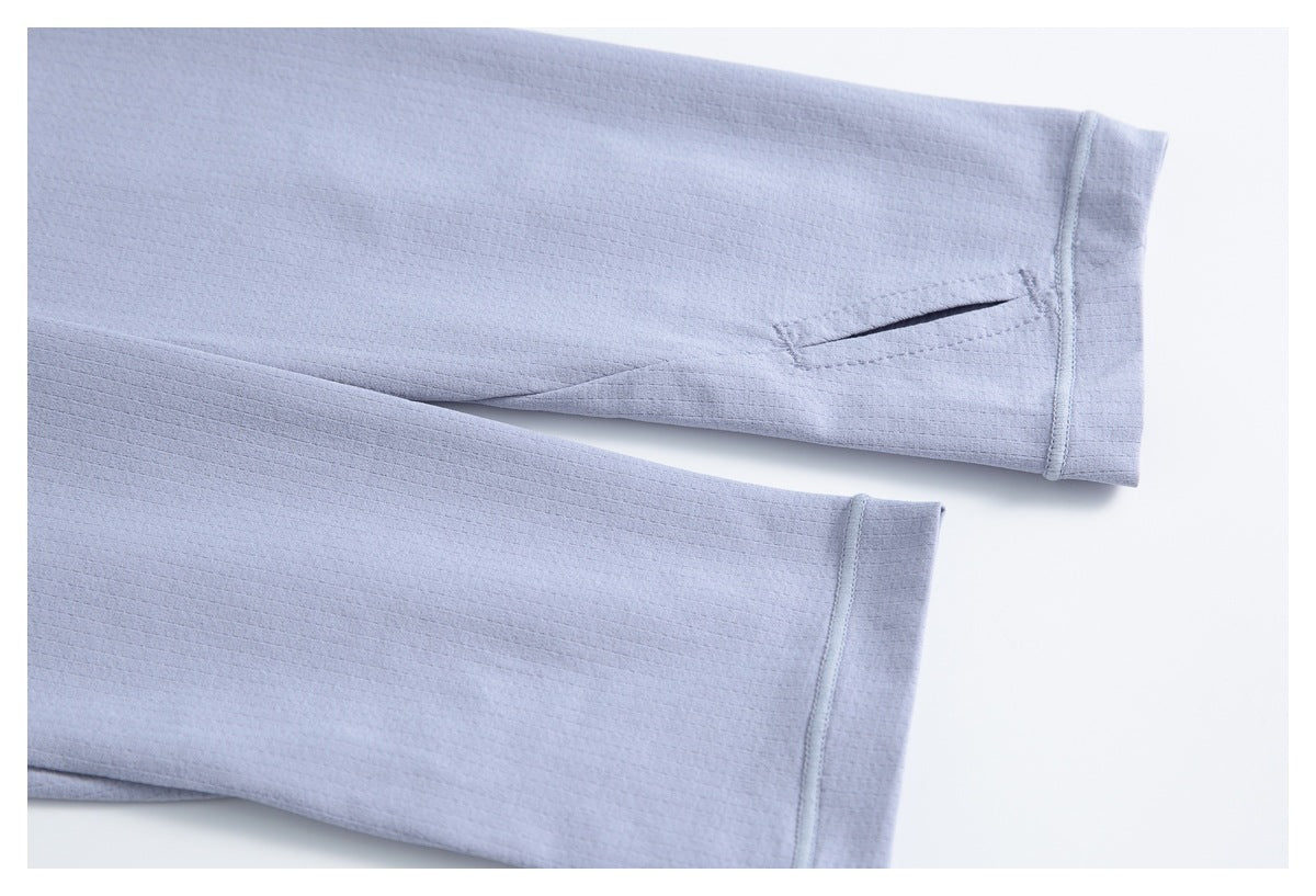 Two pale lavender garment ends with finished bands; one has a narrow slit opening beside the seam.