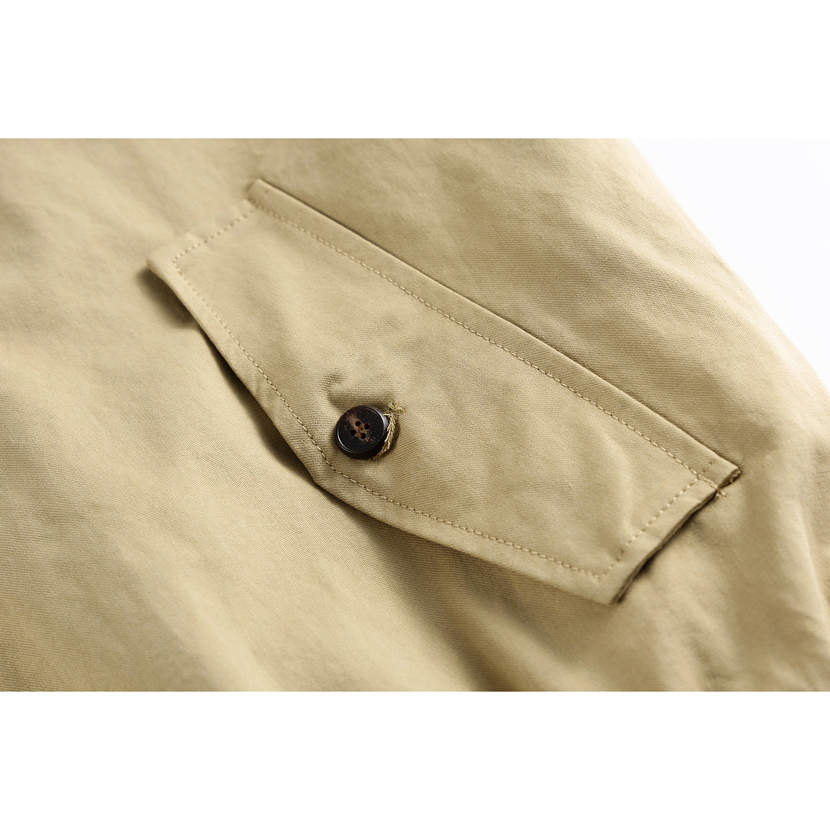 Close-up of a khaki jacket pocket flap with a dark button.