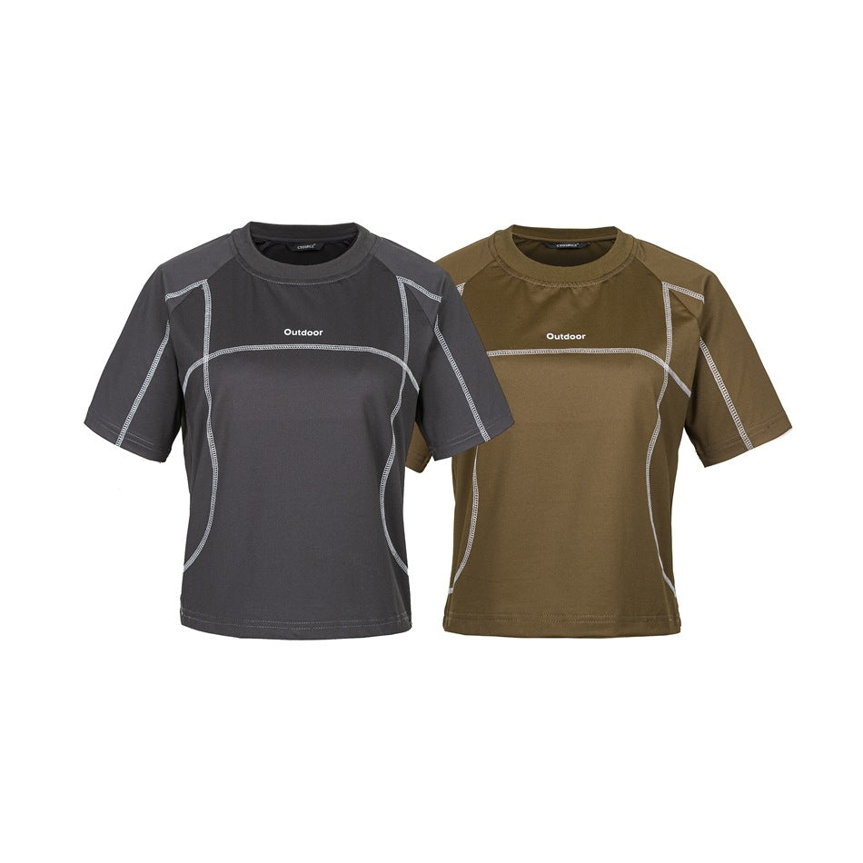 Two short-sleeve crew-neck shirts shown from the front, one charcoal gray and one olive brown, with white seam accents and