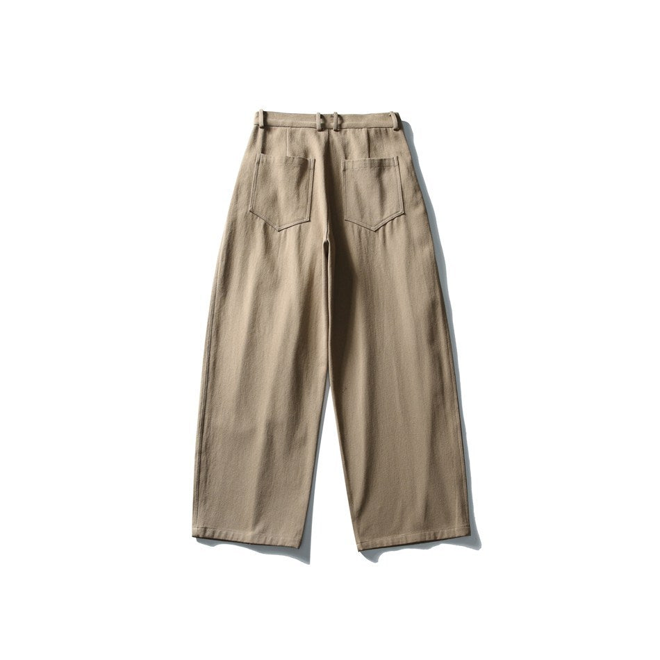 Khaki wide-leg pants flat lay, back view with two pointed patch pockets and belt loops