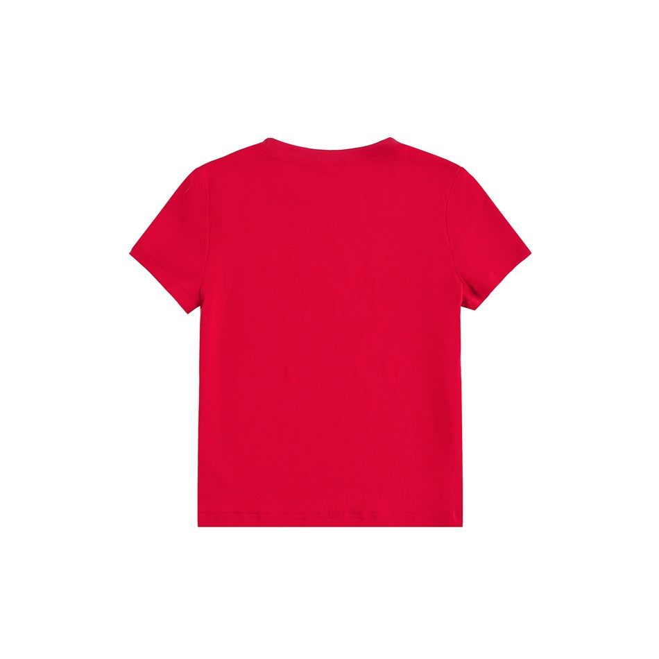 Back view of a plain red short-sleeve crew-neck T-shirt on a white background.