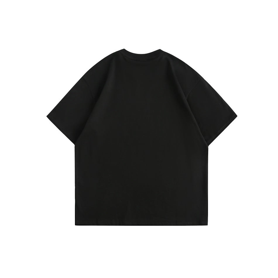 Plain black short-sleeve T-shirt shown from the back against a white background.