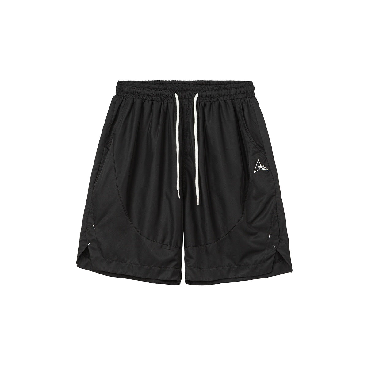 Black drawstring shorts with elastic waist, curved seam panels and split side hems, front view
