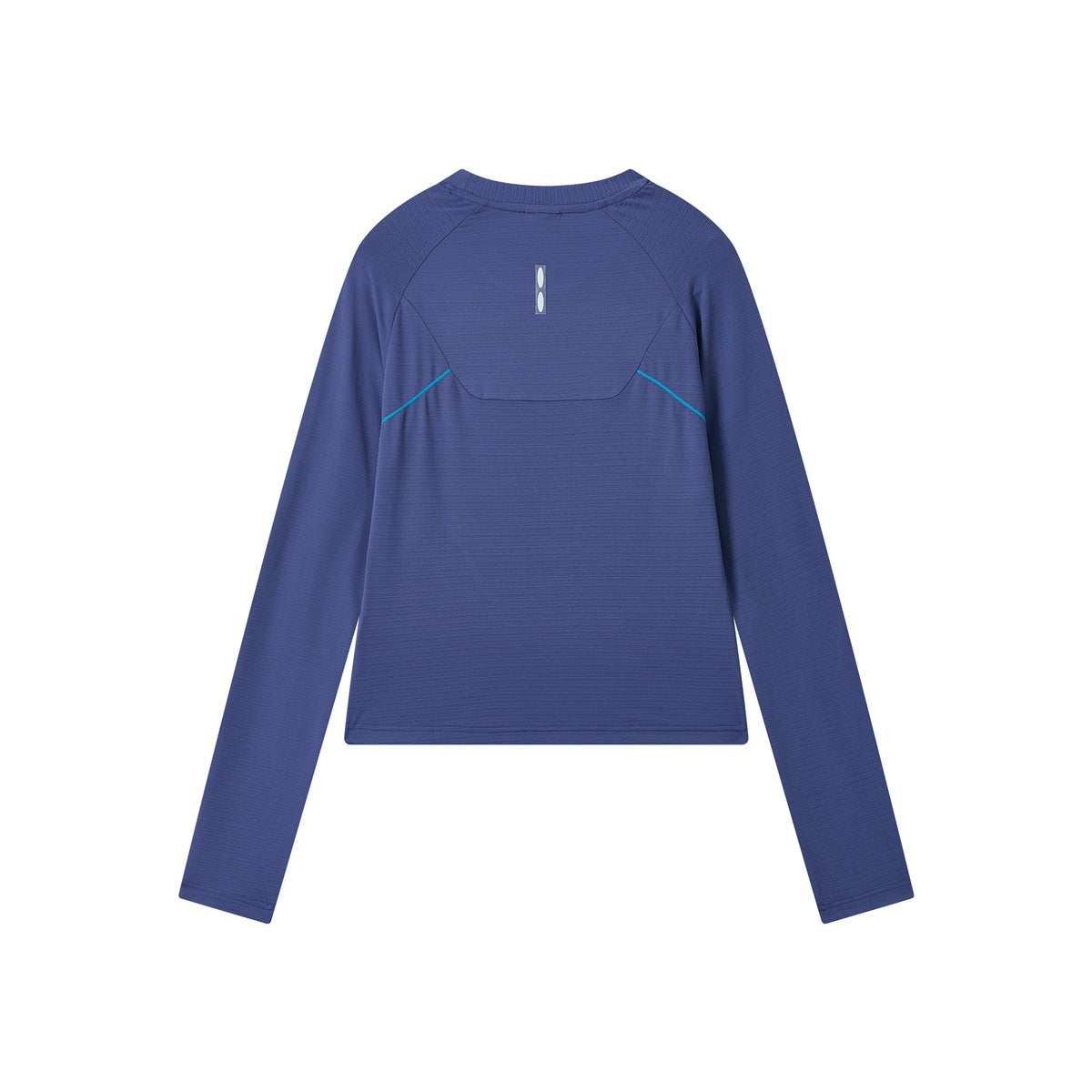 Back view of a blue long-sleeve crew-neck shirt with a reflective tab and turquoise seam accents.